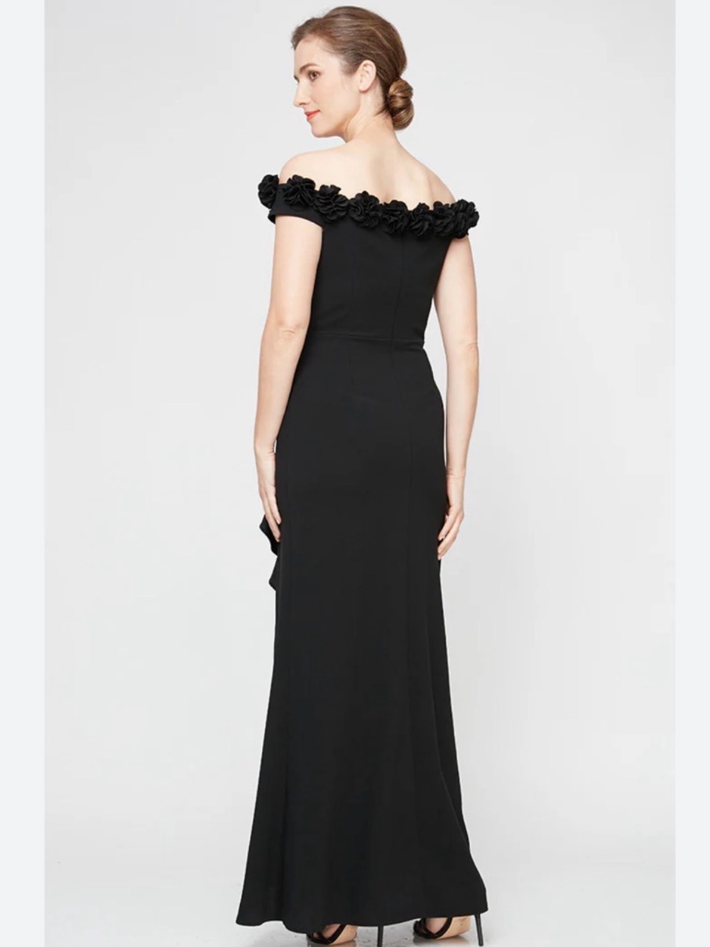 Jeanne Alexander By Alex Evenings  Size 6 Black Off The Shoulder Dress 3D Flower - Picture 4 of 17
